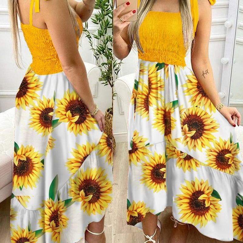 Floral Print Shirred Tie Strap Ruffle Hem Midi Dress - View 2