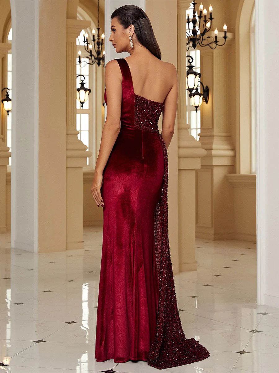 One Shoulder Sequin Velvet Ruched High Split Mermaid Maxi Gown - View 3