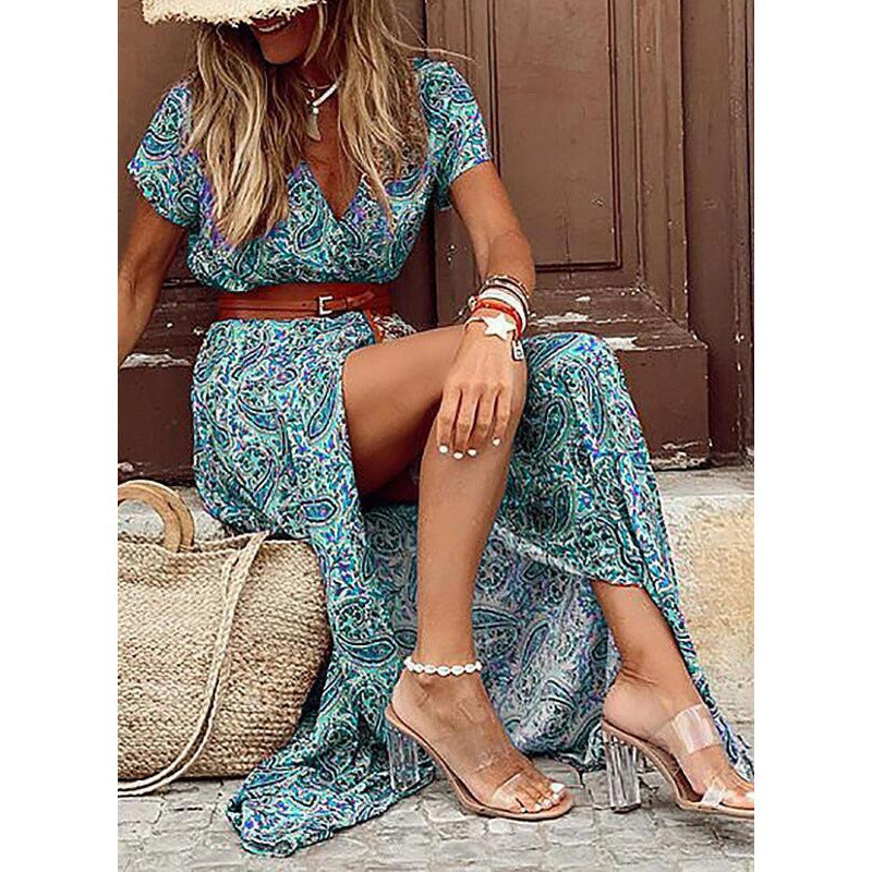 V-Neck Short Sleeve Belted High Split Tiered Boho Maxi Dress - View 8