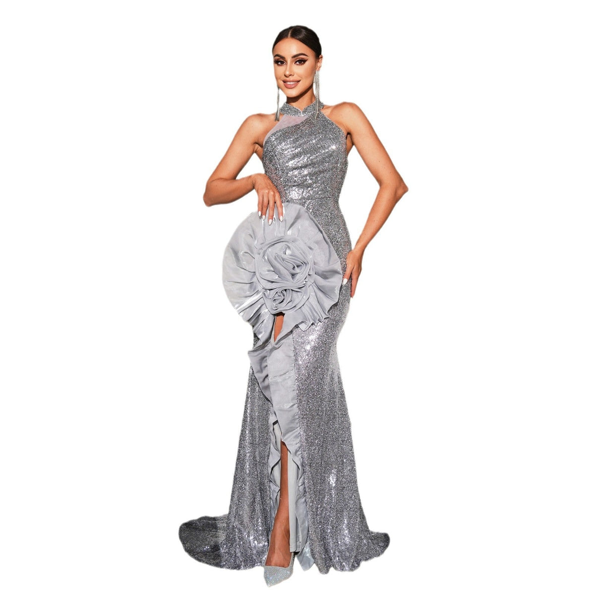 Sequin Halter Neck Hip Rosette Ruffle Trim High Split Maxi Gown - View 7