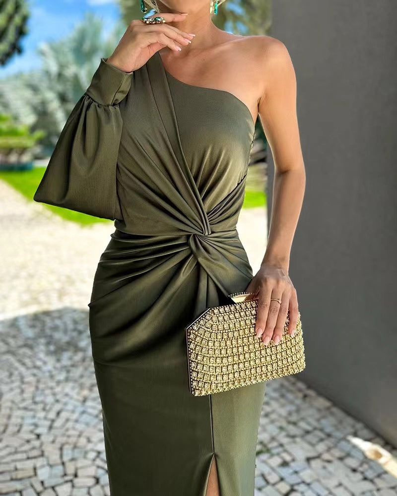 One Shoulder Puff Sleeve Twisted Knot Waist High Split Midi Dress