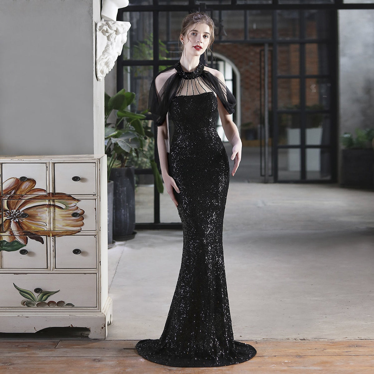 Sequin Halter Neck Sheer Cape Mermaid Gown - View 8