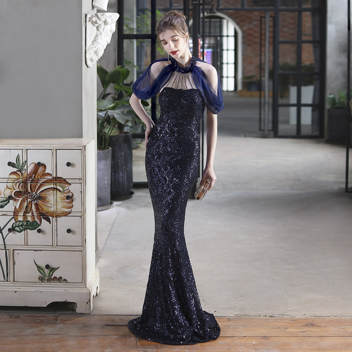 Sequin Halter Neck Sheer Cape Mermaid Gown - View 7