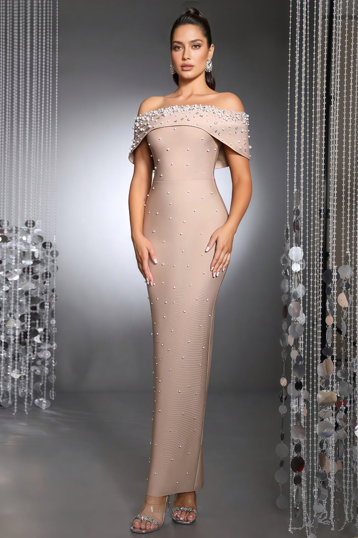 Pearl Beaded Off Shoulder Bandage Maxi Gown - View 5