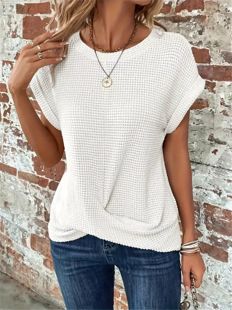 Waffle Knit Round Neck Short Sleeve Twist Front Top