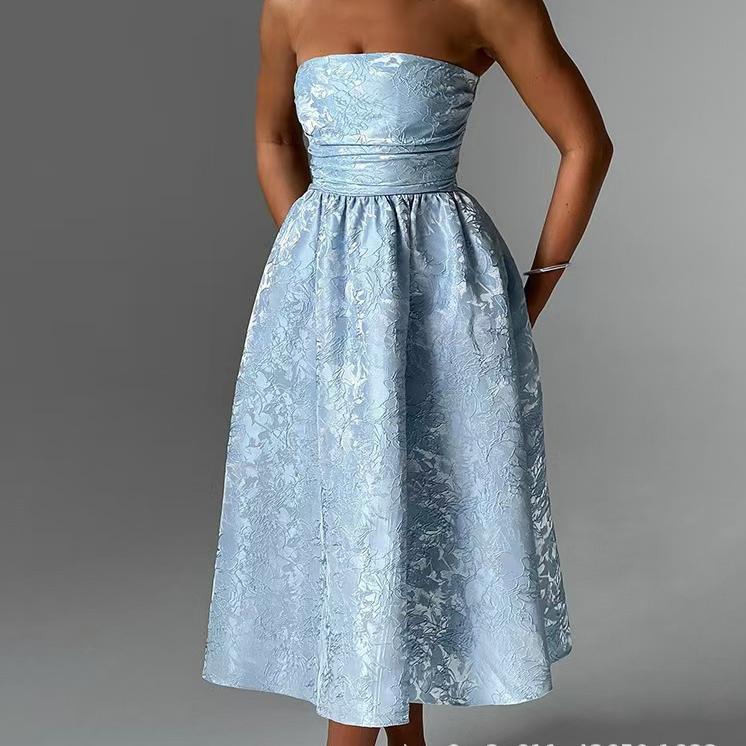 Jacquard Strapless Ruched Waist Fit and Flare Midi Dress - View 4