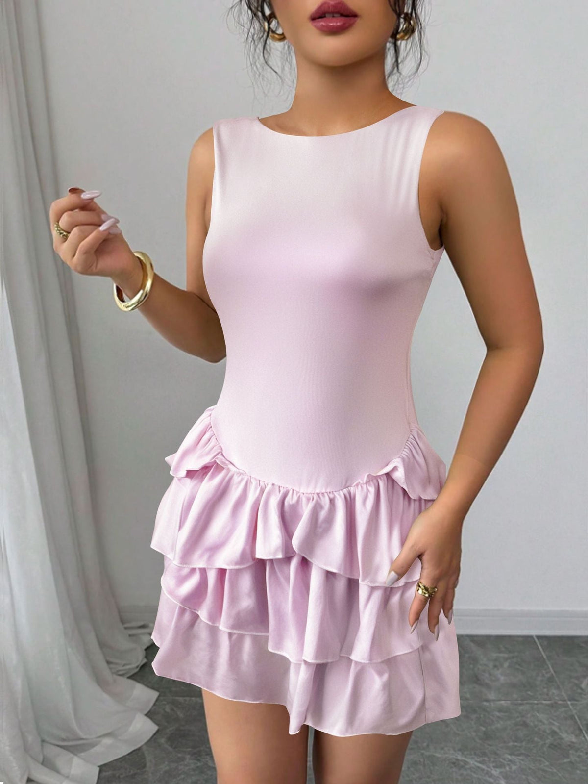 Sleeveless Crew Neck Dropped Waist Tiered Ruffle Satin Mini Dress - View 2
