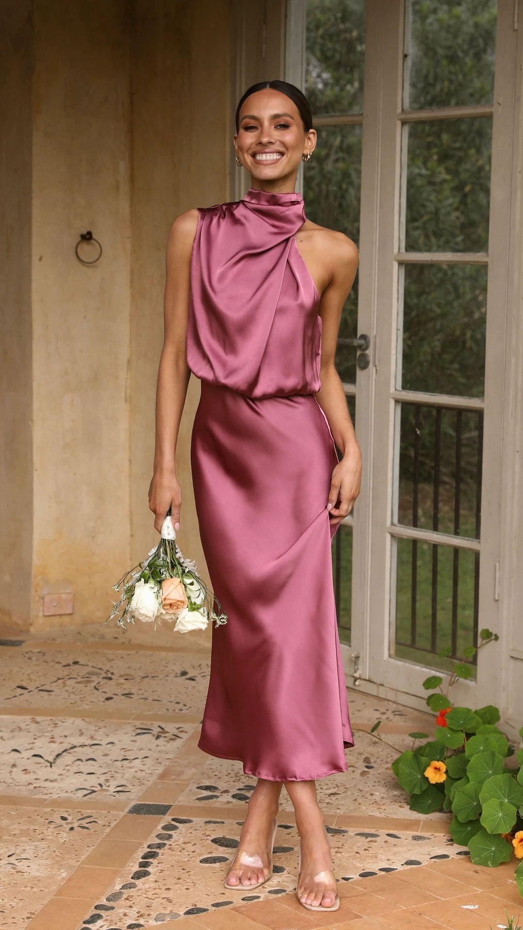 Mature Elegant Sleeveless Halter Solid Color Satin Dress - View 5