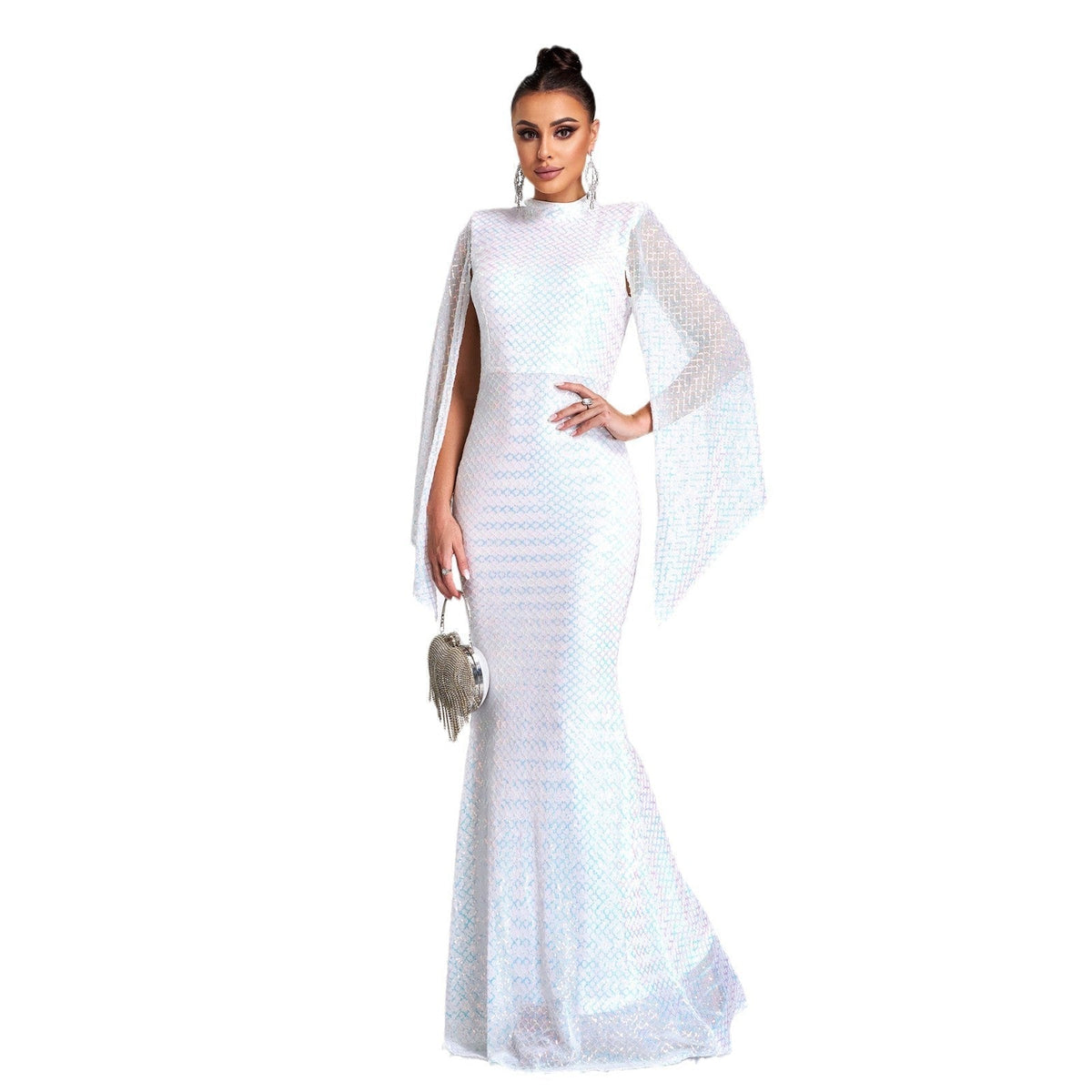 Sequin High Neck Cape Sleeve Mermaid Gown - View 10