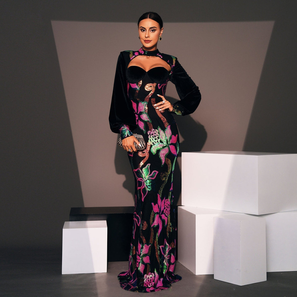 Velvet Sequin Floral High Neck Long Sleeve Cut Out Mermaid Dress