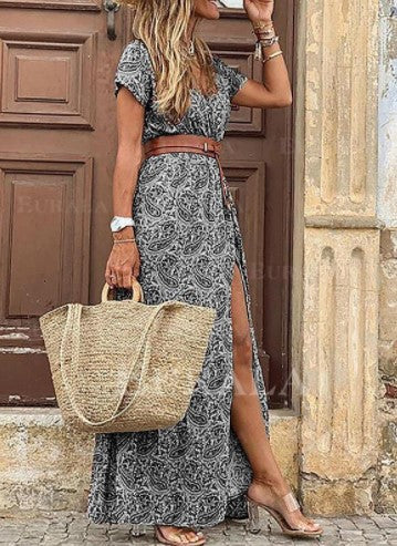 V-Neck Short Sleeve Belted High Split Tiered Boho Maxi Dress - View 2