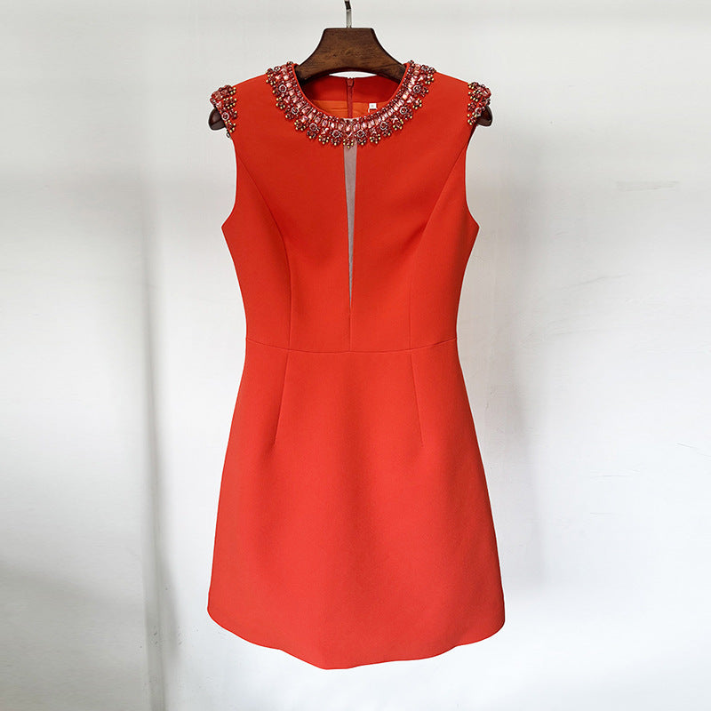 Sleeveless Beaded Collar Sheer Inset A-Line Mini Dress