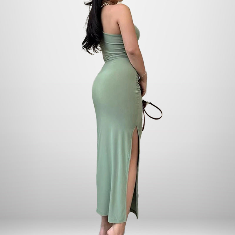 One Shoulder Sleeveless Ruched High Split Bodycon Maxi Dress - View 4