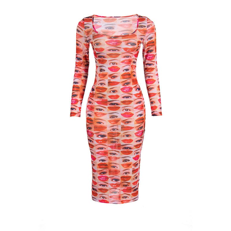 Long sleeve abstract u neck sheer mesh contrast midi dress - View 7