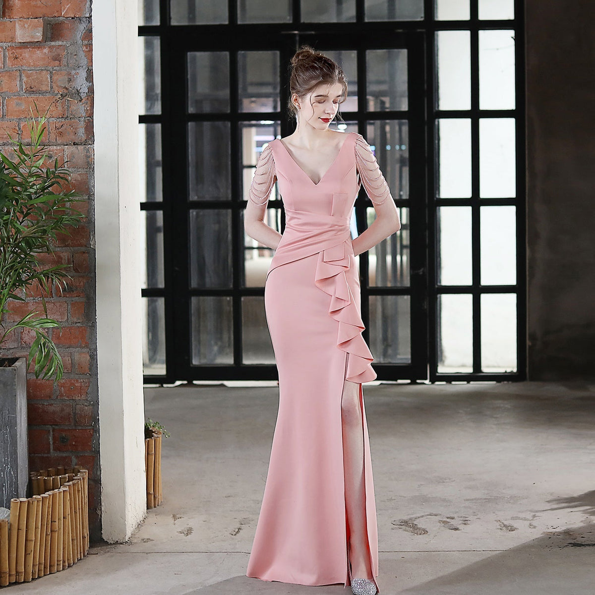 Deep V-Neck Beaded Shoulder Fringe Wrap Waist Side Maxi Gown - View 11