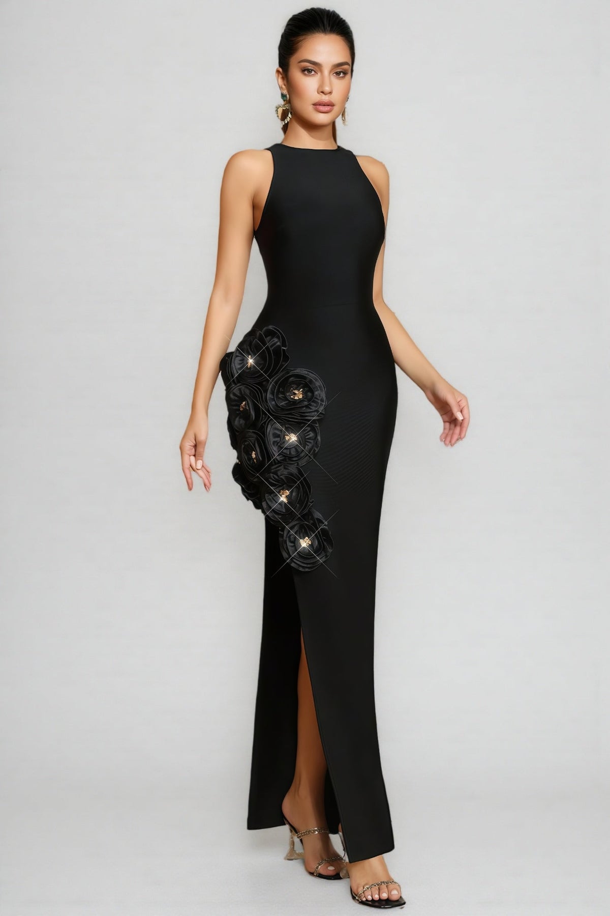 Noa Black 3D Floral Bandage Maxi Dress - View 3