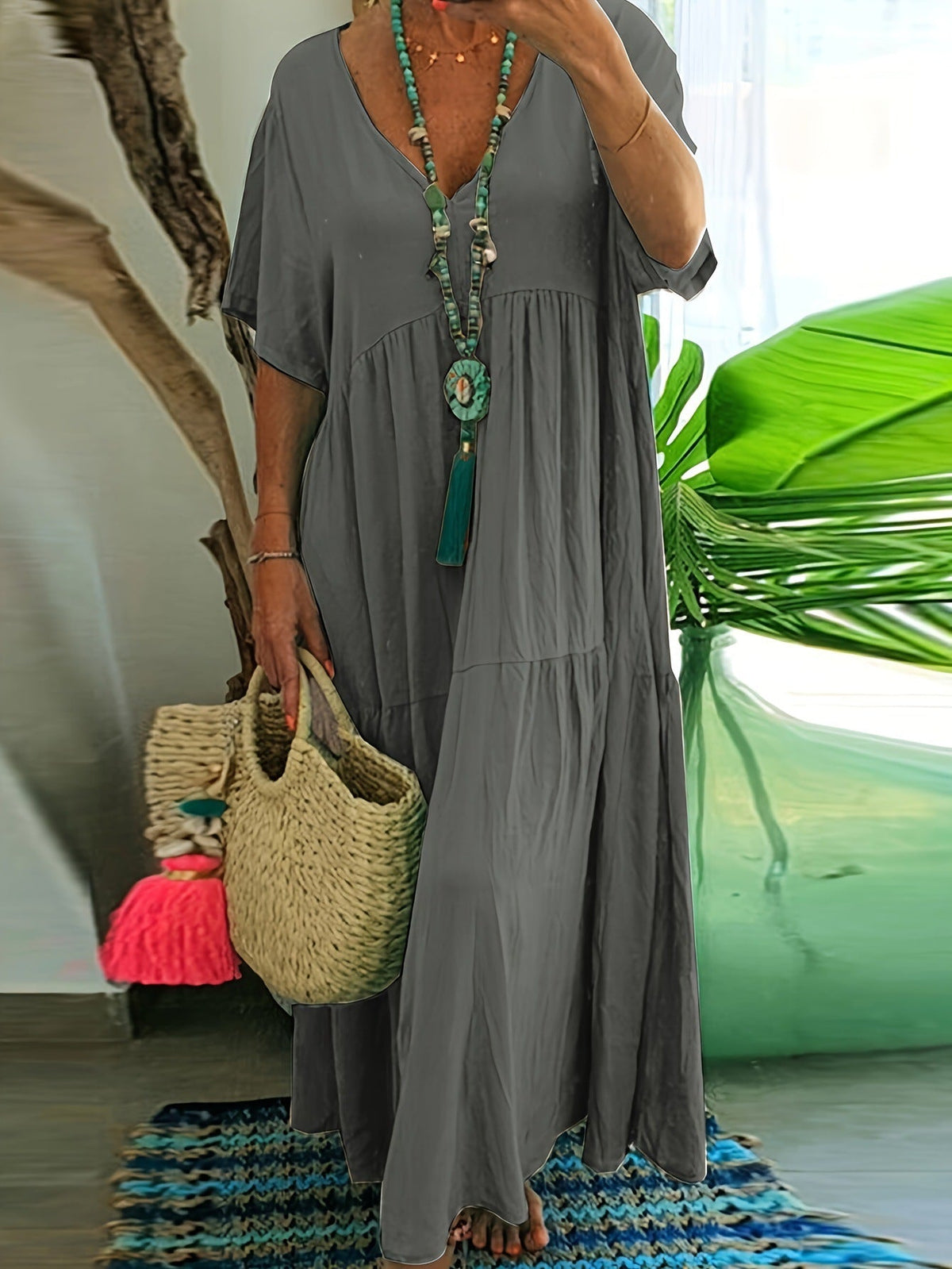 V-Neck Short Sleeve Tiered Linen Maxi Dress 13
