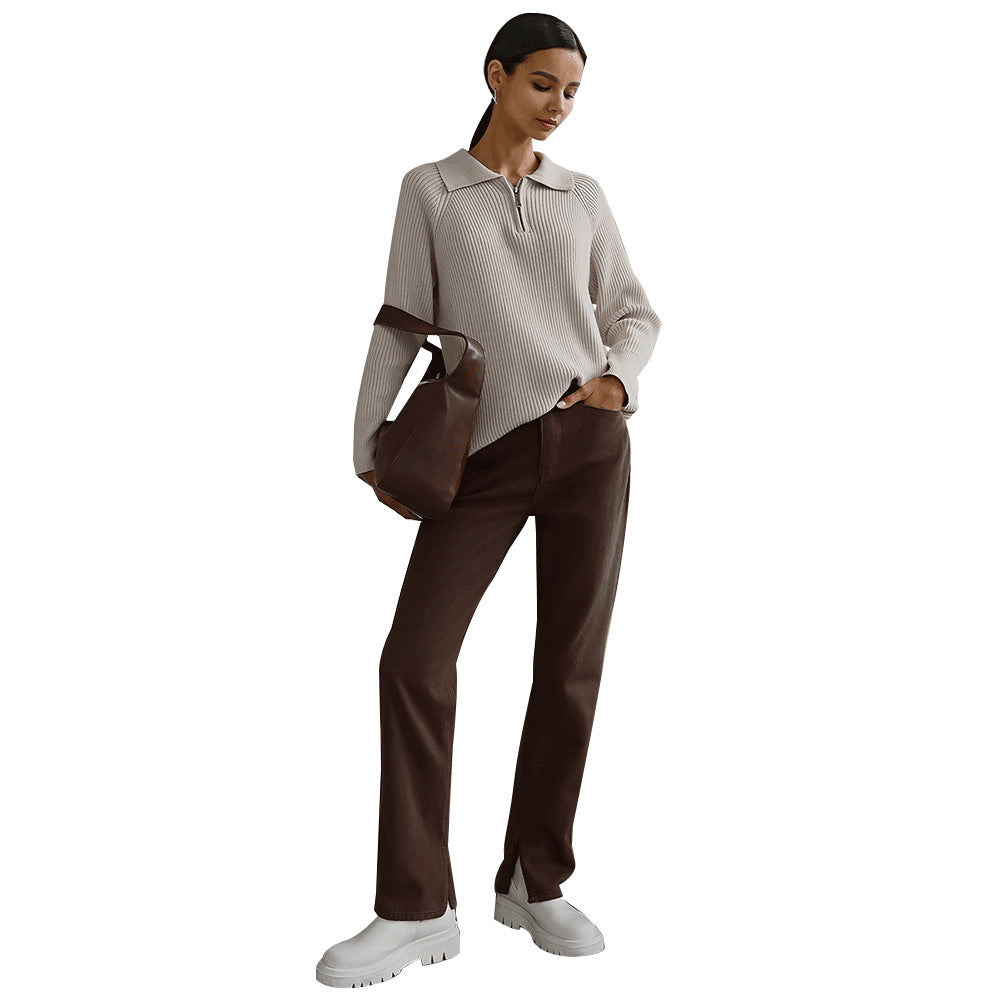 Collared Quarter Zip Ribbed Knit Sweater 10