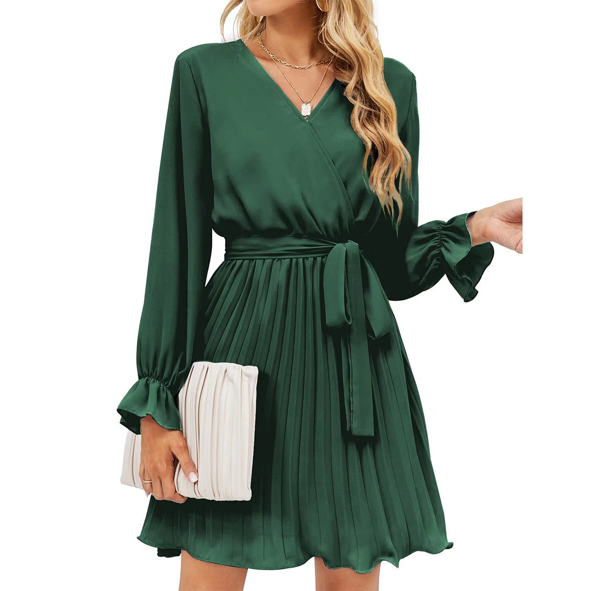 Wrap V-Neck Long Sleeve Pleated Fit and Flare Mini Dress - View 9