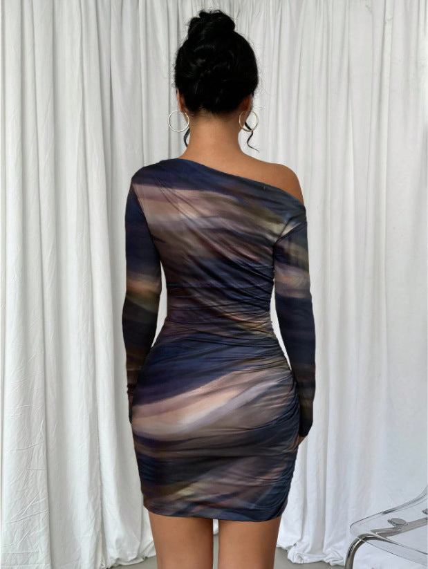 Stitch sheer mesh see through abstract off shoulder mini dress - View 5