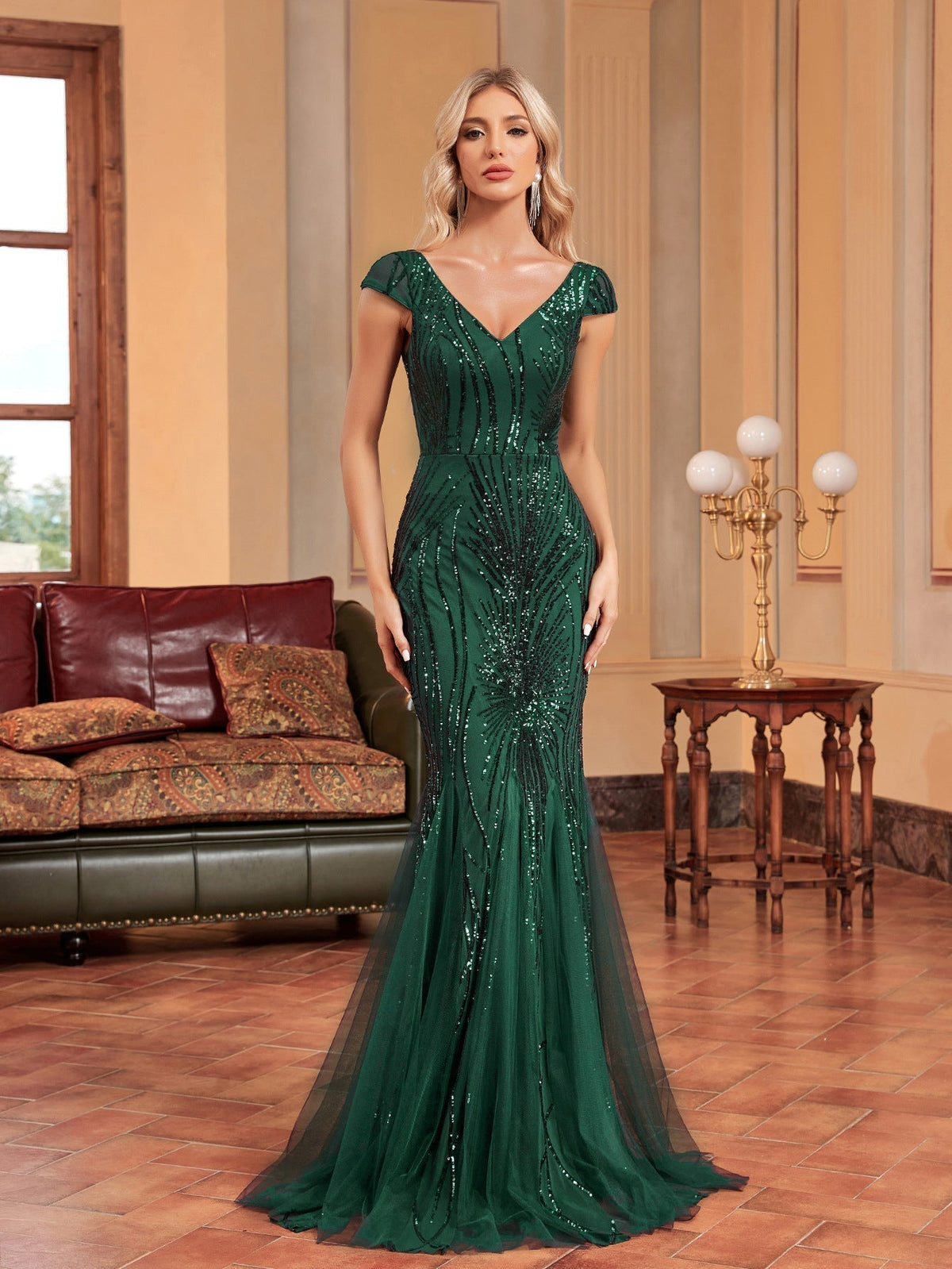 Sequin V-Neck Cap Sleeve Tulle Mermaid Maxi Gown - View 6