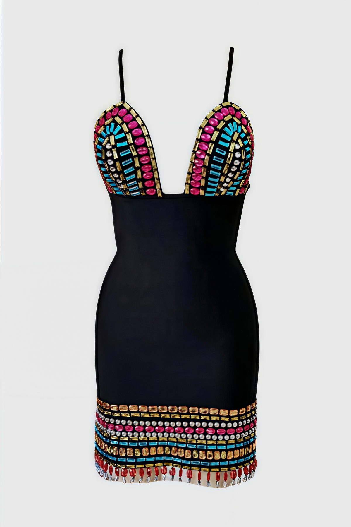 Deep V-Neck Spaghetti Strap Beaded Fringe Bodycon Mini Dress - View 5