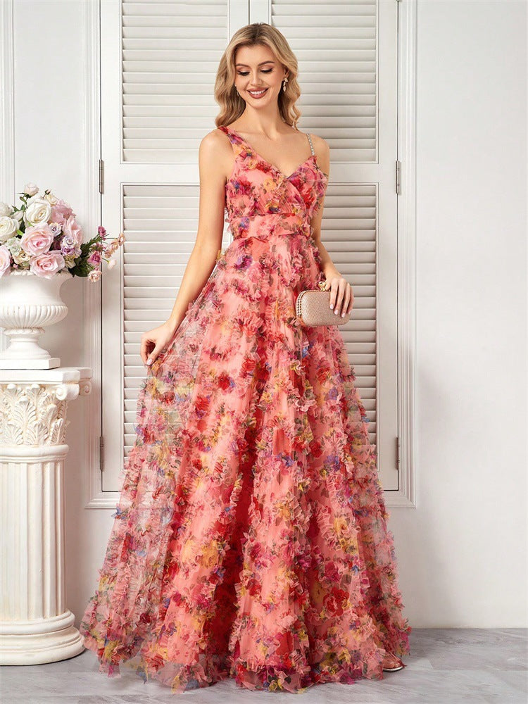 Floral V-Neck Spaghetti Strap Tiered A-Line Maxi Gown - View 2