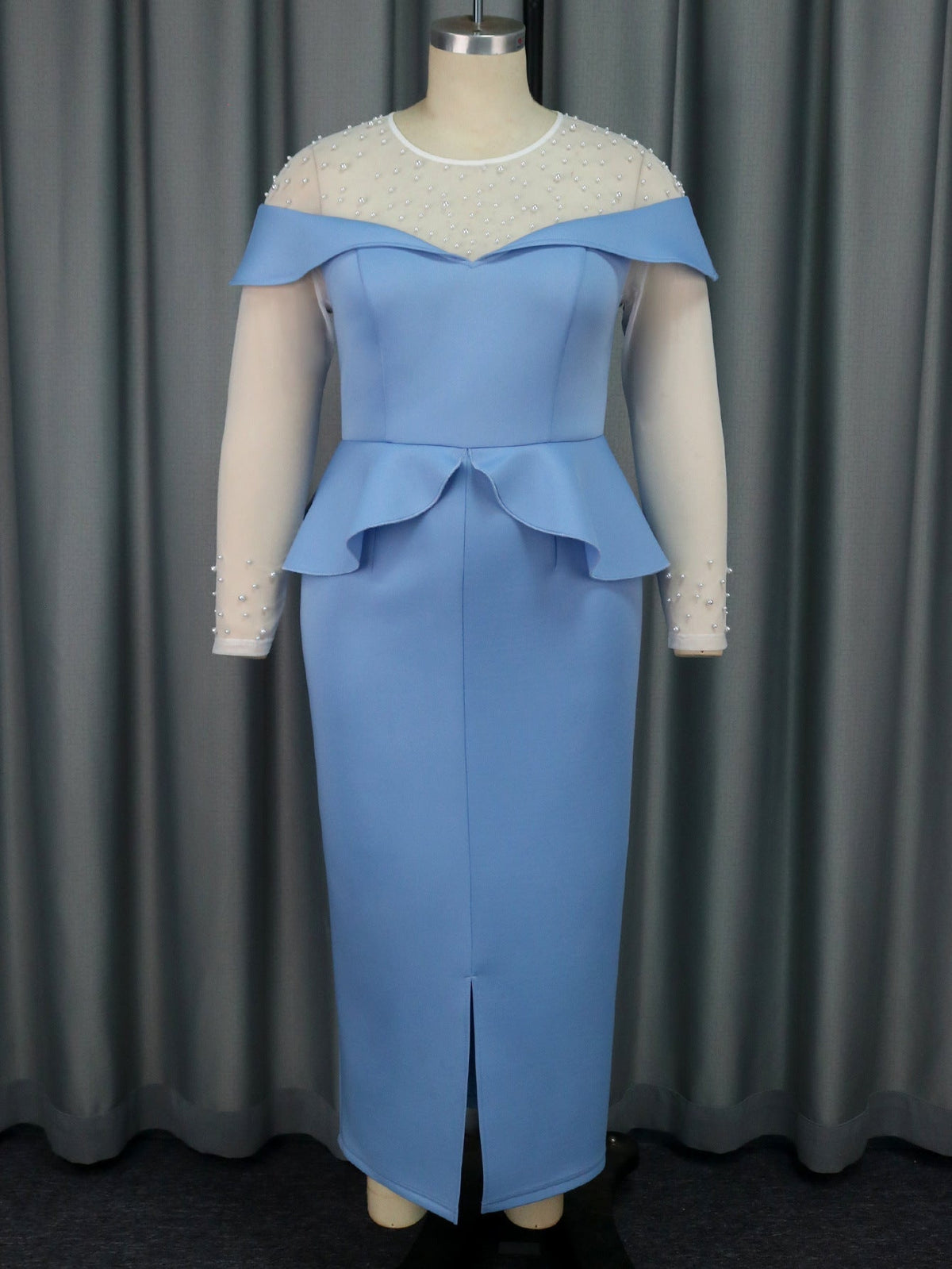 Pearl Beaded Mesh Long Sleeve Peplum High Split Maxi Cocktail Dress - View 2