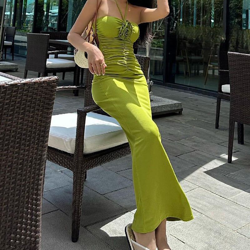 Halter Neck Floral Applique Ruched Side Slit Bodycon Maxi Dress - View 5
