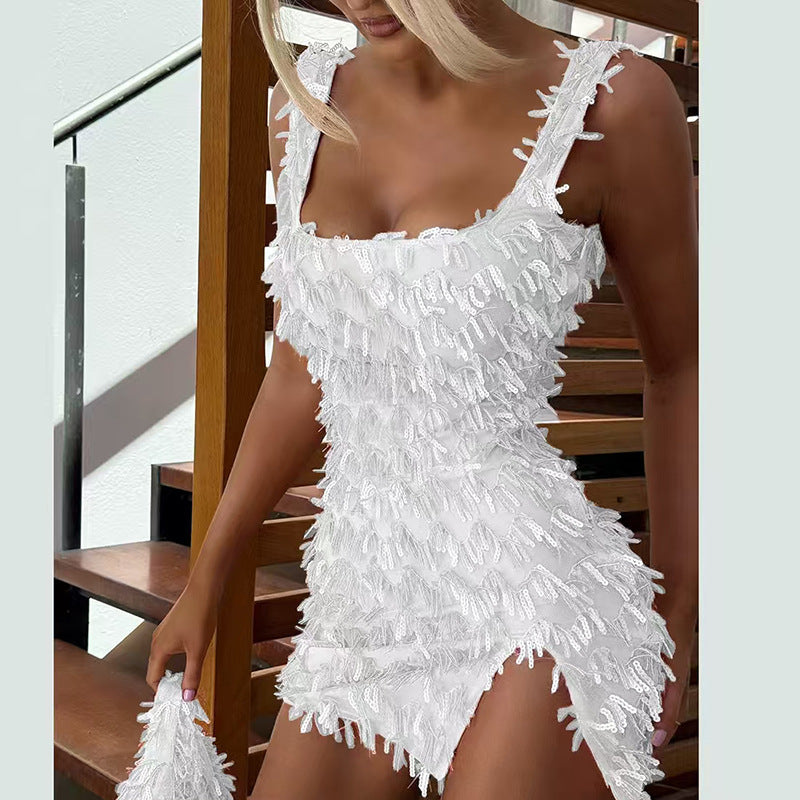 Sequin Fringe Square Neck High Split Bodycon Mini Dress 3