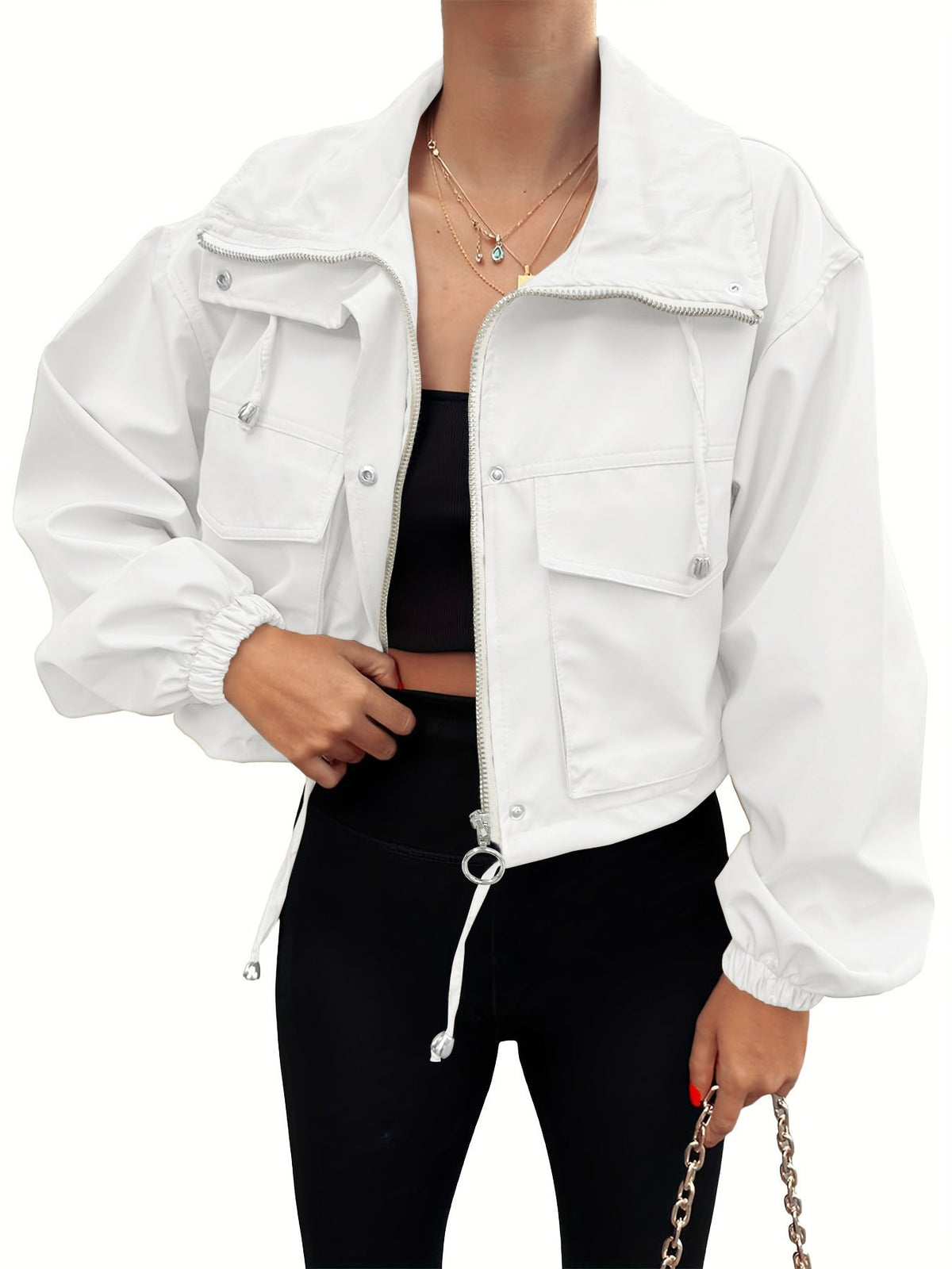Zip Front Drawstring Hem Cargo Pocket Cropped Jacket 7