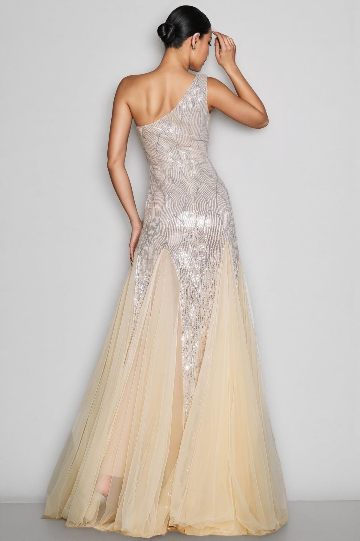 Sequin One Shoulder Floral Applique Tulle Godet Mermaid Maxi Gown - View 6