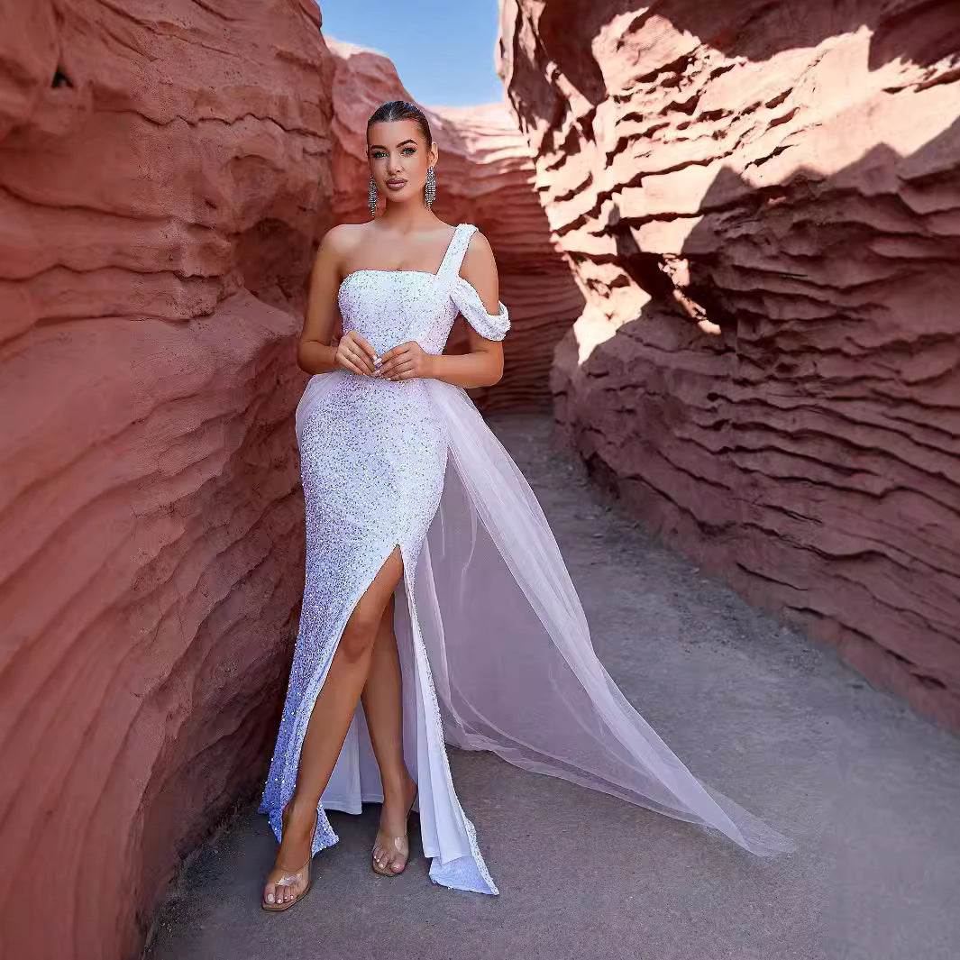 Tube Top Irregular Asymmetric White Mesh Sequ Dress - View 3