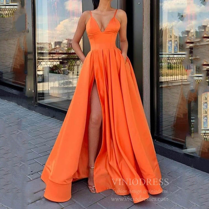 Satin Plunging V-Neck Spaghetti Strap Pleated Pocket Maxi Gown - View 8