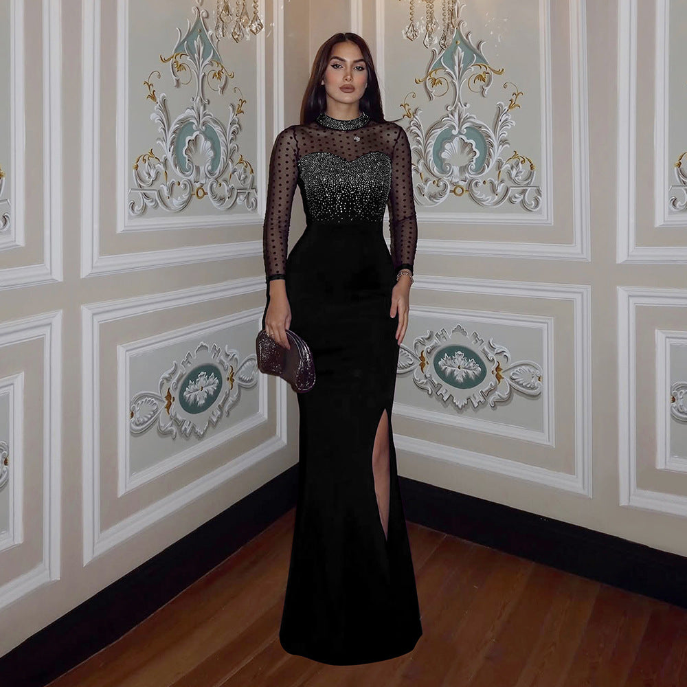 Mock Neck Rhinestone Sweetheart Bodice Sheer Dot Mesh Maxi Gown