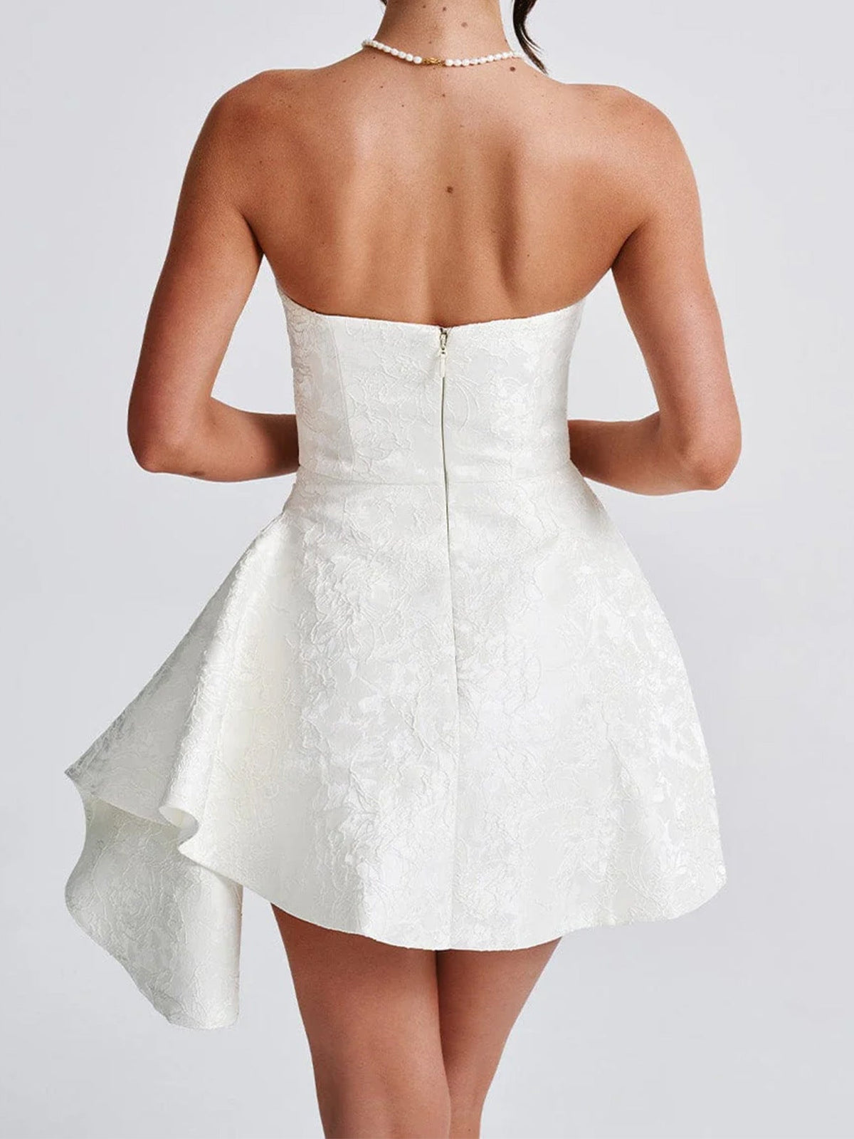 Floral Jacquard Strapless Asymmetric Hem Fit and Flare Mini Dress - View 7