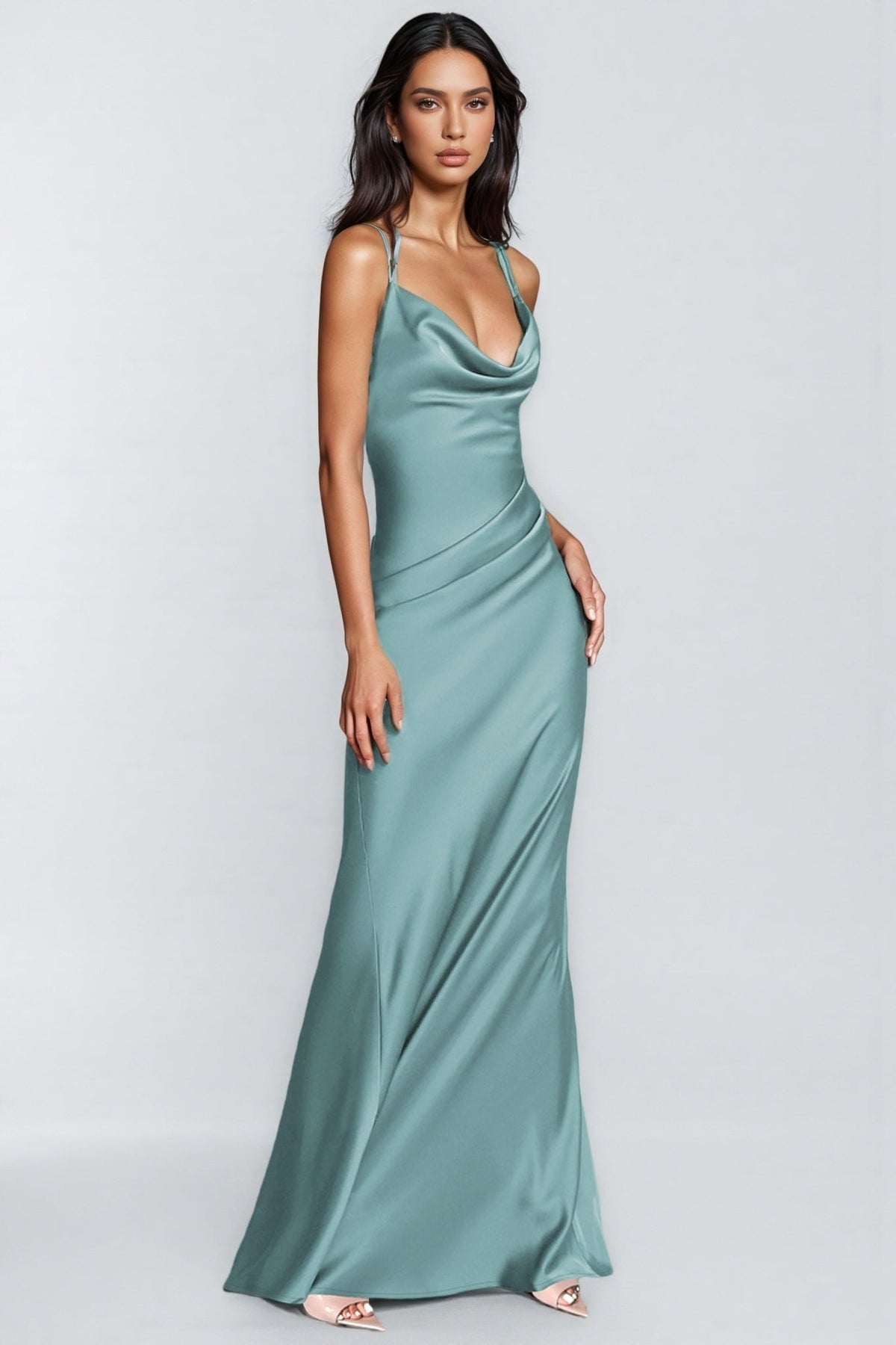 Satin Cowl Neck Spaghetti Strap Ruched Waist Bias Cut Slip Maxi Dress