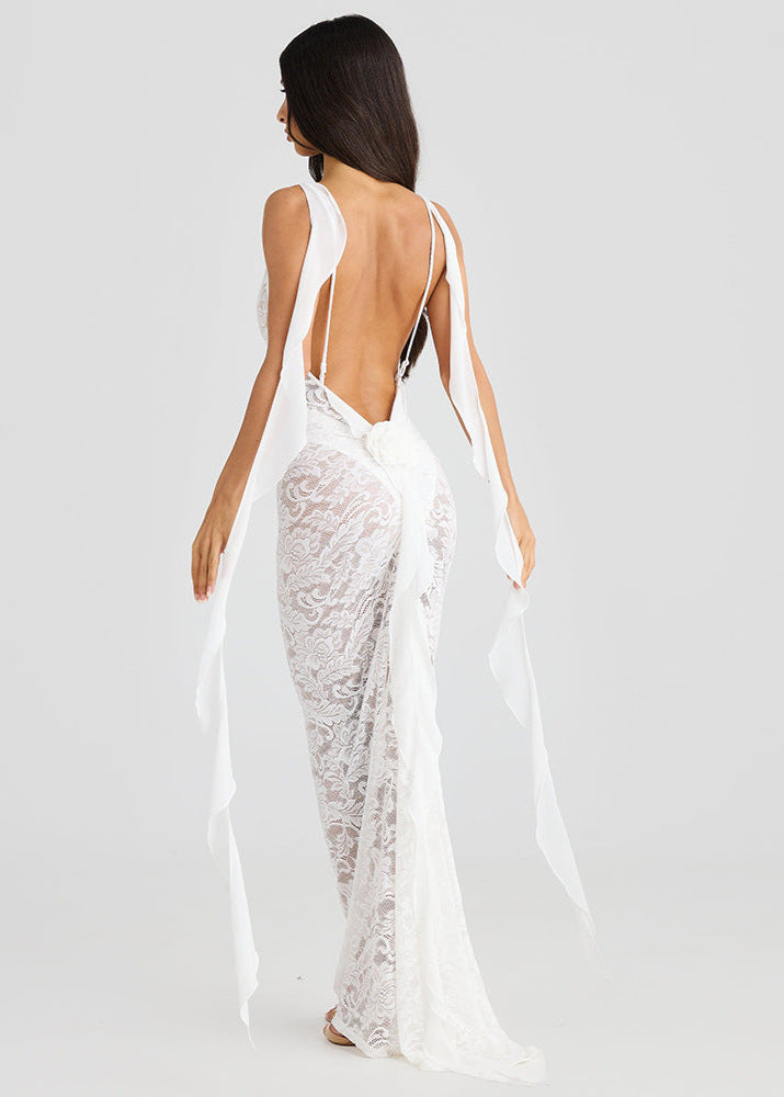 Celestine - Sheer Lace Backless Maxi Dress - View 4