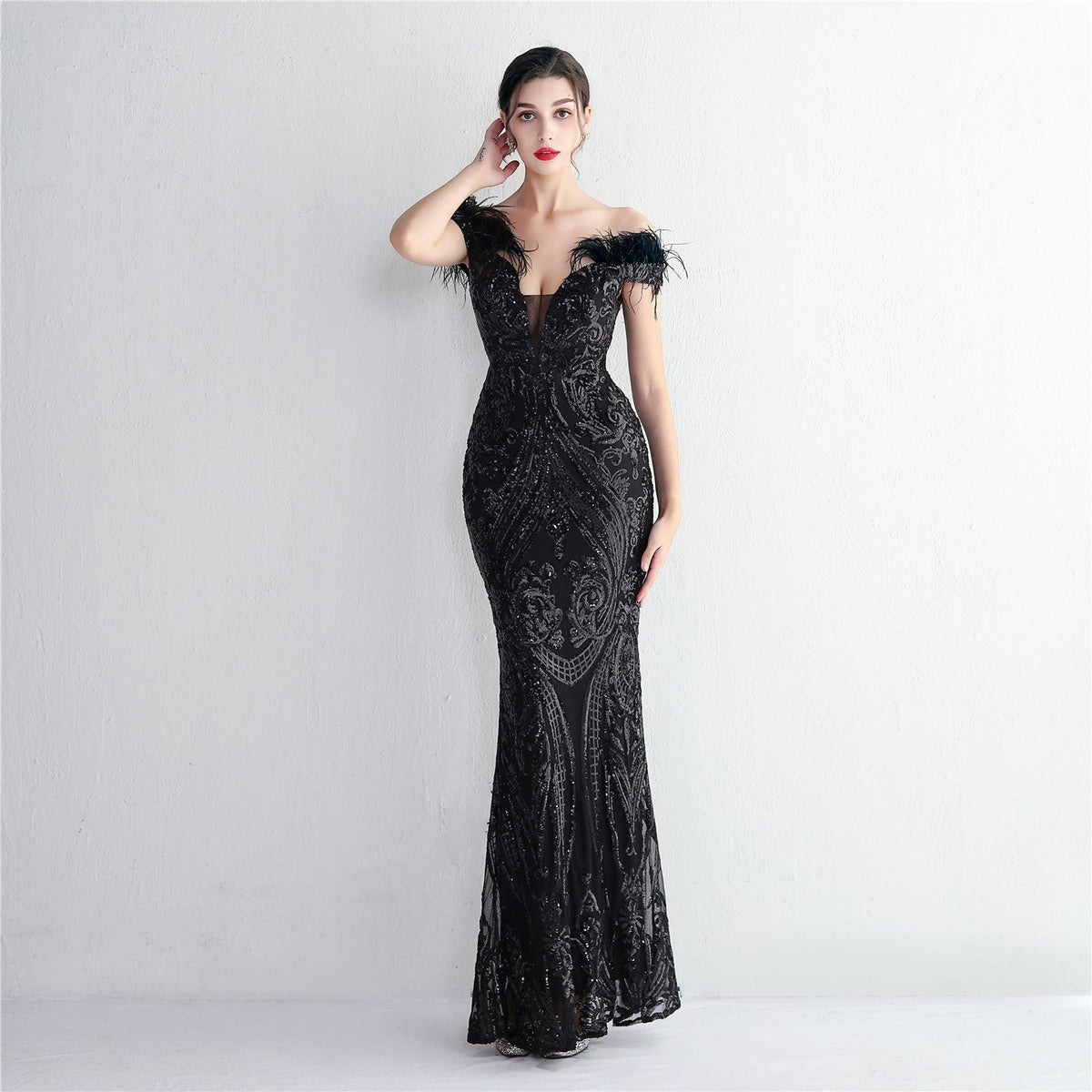 Off Shoulder Feather Deep V-Neck Sequin Mermaid Gown - View 2