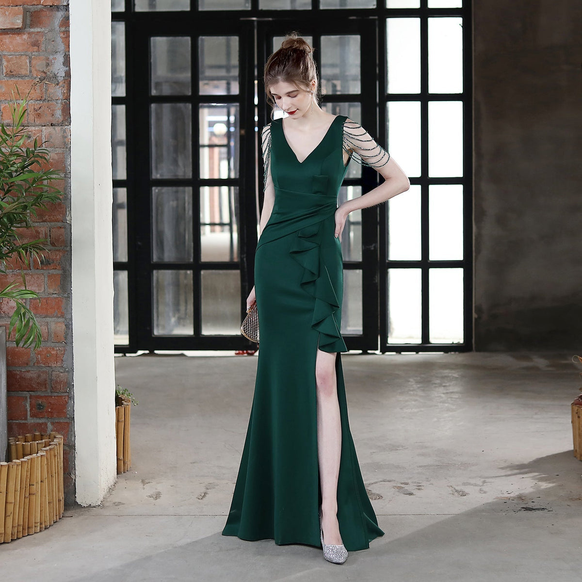 Deep V-Neck Beaded Shoulder Fringe Wrap Waist Side Maxi Gown - View 8
