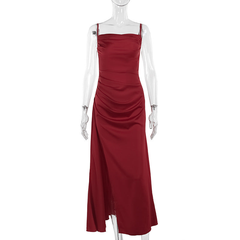 Satin Cowl Neck Spaghetti Strap Ruched High Split Mermaid Maxi Dress - View 6
