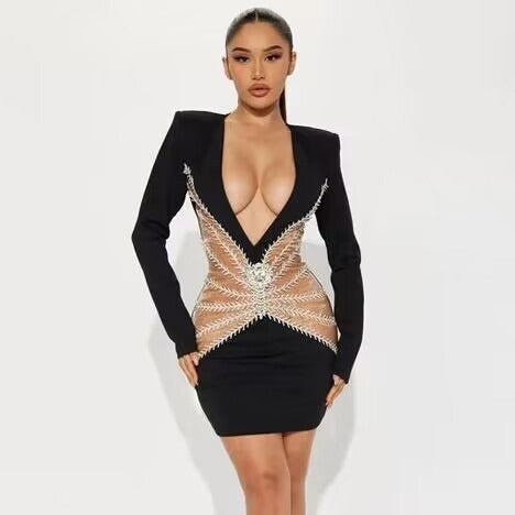 Long Sleeve Padded Shoulder Deep V-Neck Mesh Cut Out Mini Dress