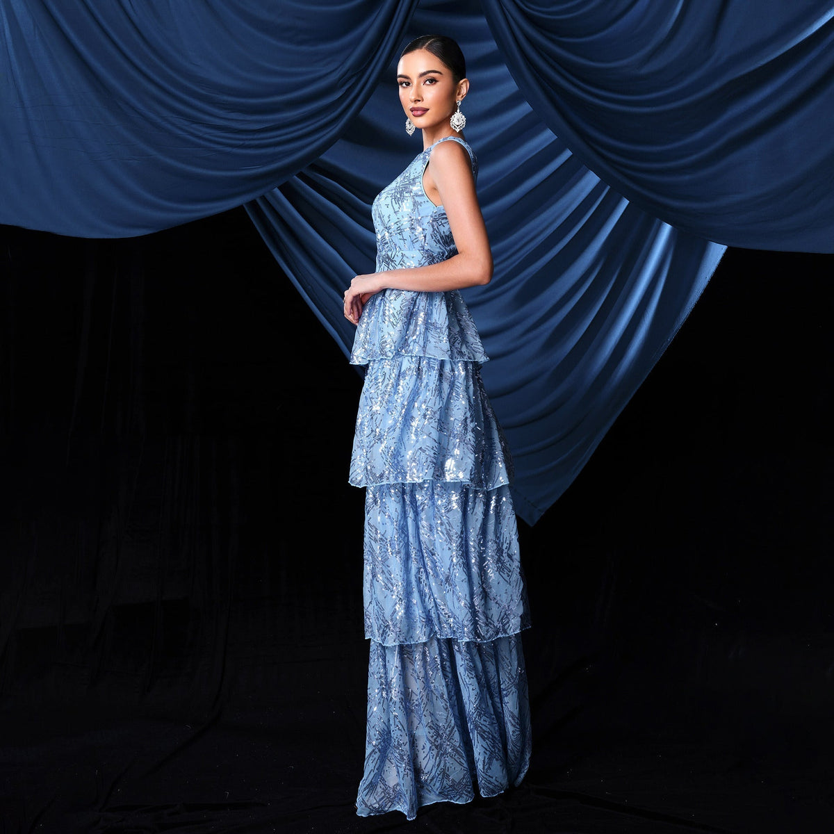Sequin Deep V-Neck Sleeveless Tiered Ruffle A-Line Maxi Dress - View 2