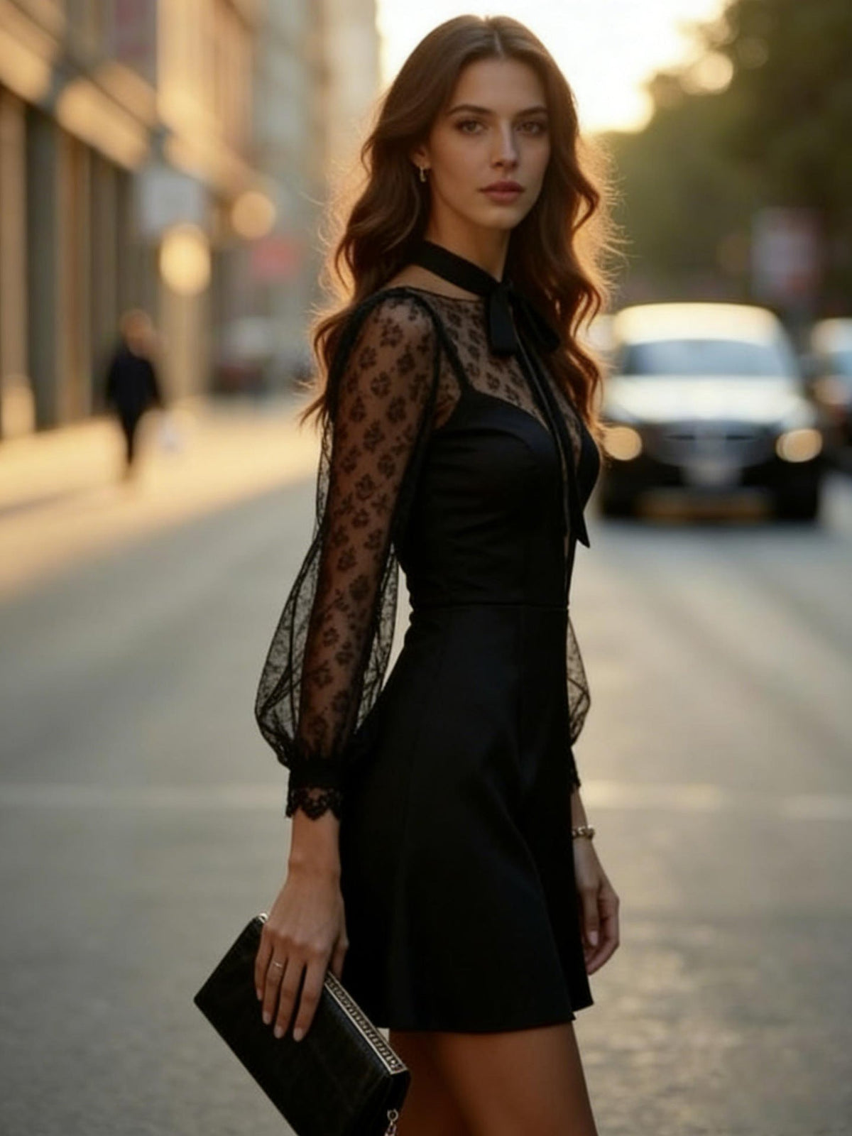 Lace Panel Tie Neck Long Sleeve Fit and Flare Mini Dress - View 2