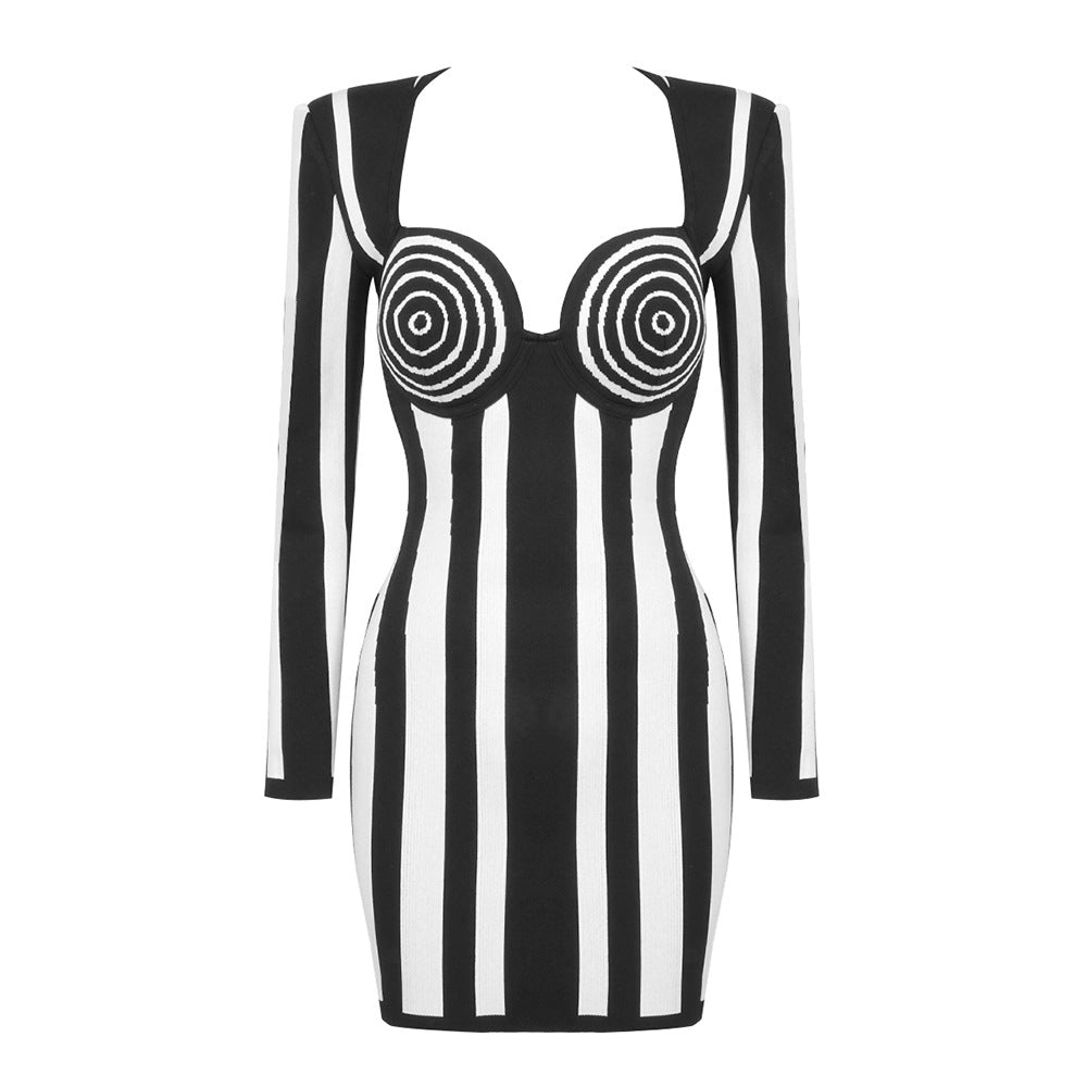 Striped Long Sleeve Plunge Sweetheart Spiral Bust Bandage Mini Dress - View 2