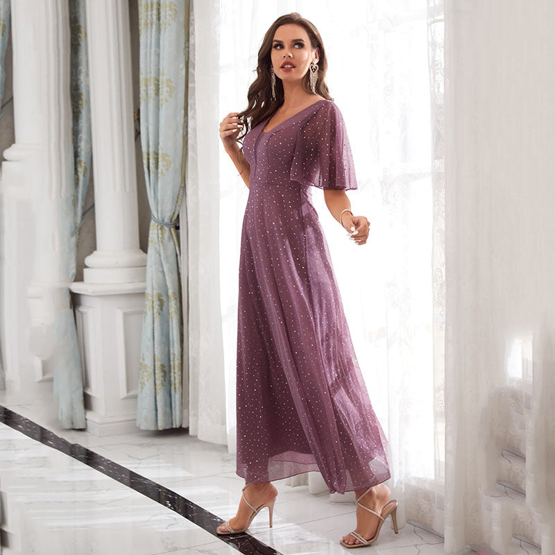 Glitter Mesh V-Neck Flutter Sleeve A-Line Maxi Dress