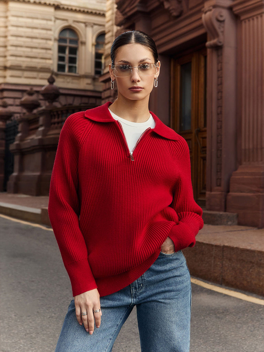 Collared Quarter Zip Ribbed Knit Sweater 3