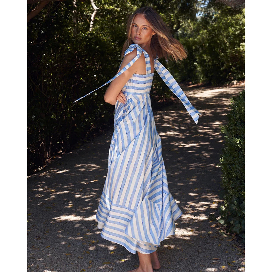 Striped Print Square Neck Tie Shoulder Pocket A-Line Maxi Dress - View 2