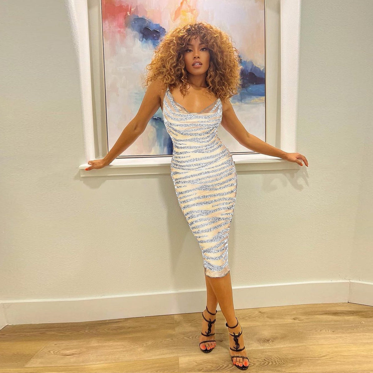 Sequin Velvet Cowl Neck Spaghetti Strap Striped Bodycon Midi Dress - View 3