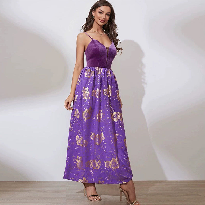 Velvet Spaghetti Strap Mesh Plunge Floral Print A-Line Maxi Dress - View 2